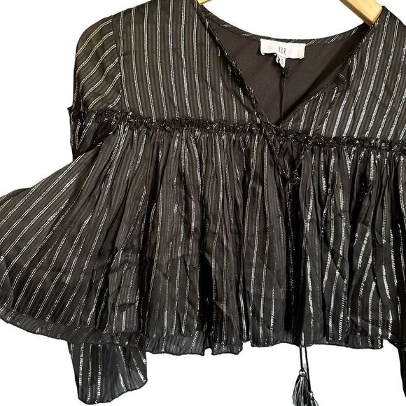 NSR Metallic Stripe Tassel Tie Front Ruffle Crop Top - Picture 5 of 10